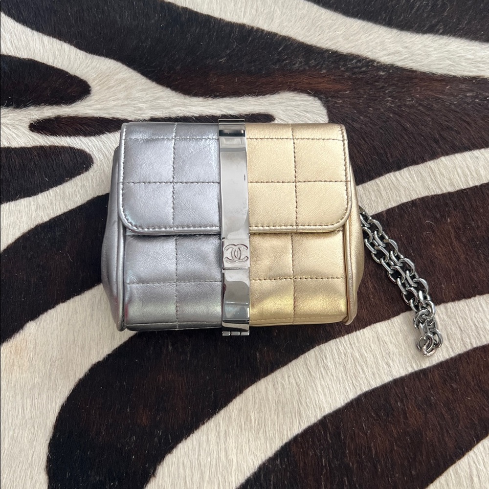 Authentic Vintage Chanel Two-Tone Metallic Leather Clutch with Wristlet